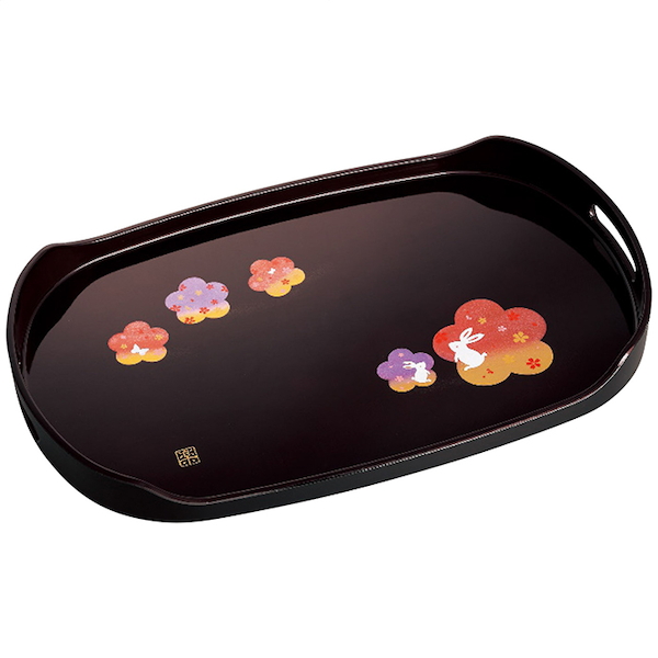 紀州塗 宴うさぎ 溜塗長手盆(尺五)
