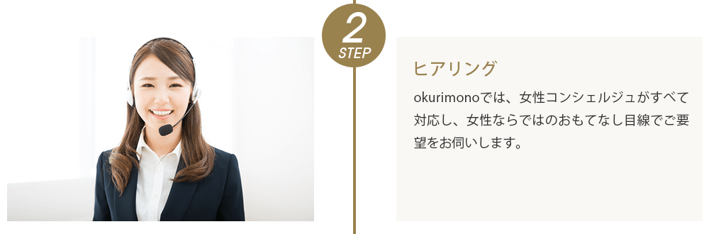 ヒアリング:okurimonoでは、女性コンシェルジュがすべて対応し、女性ならではのおもてなし目線でご要望をお伺いします。